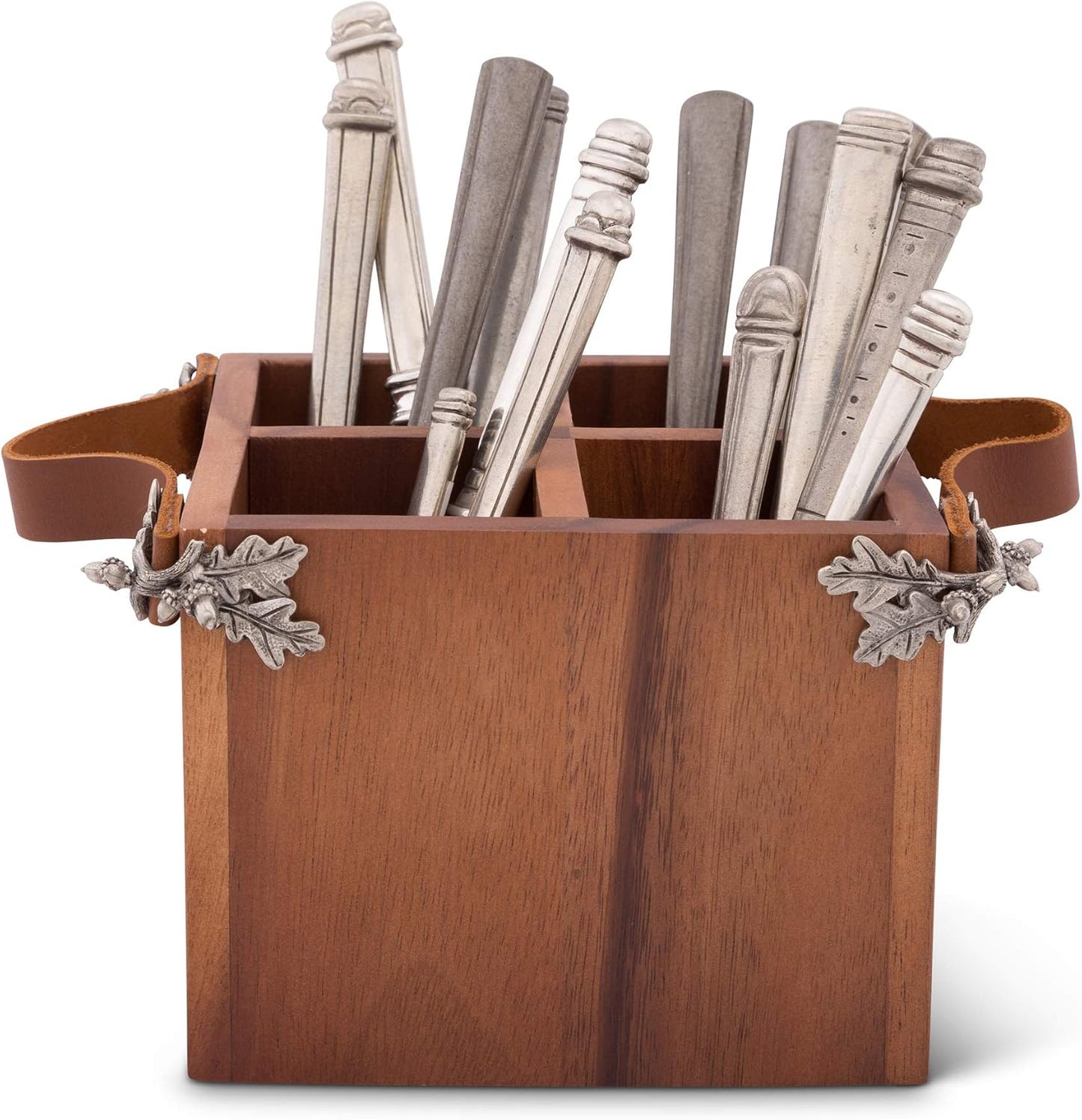 Vagabond House Caddy Rectangle Acacia Wood Flatware/Serve ware/Utensil/Carry-All Holder Solid Pewter Song Bird Accent and Real Leather Handles, 3 Small and 1 Larger Compartment 13.5 inch Long