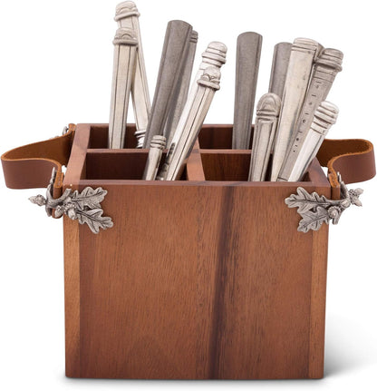 Vagabond House Caddy Rectangle Acacia Wood Flatware/Serve ware/Utensil/Carry-All Holder Solid Pewter Song Bird Accent and Real Leather Handles, 3 Small and 1 Larger Compartment 13.5 inch Long
