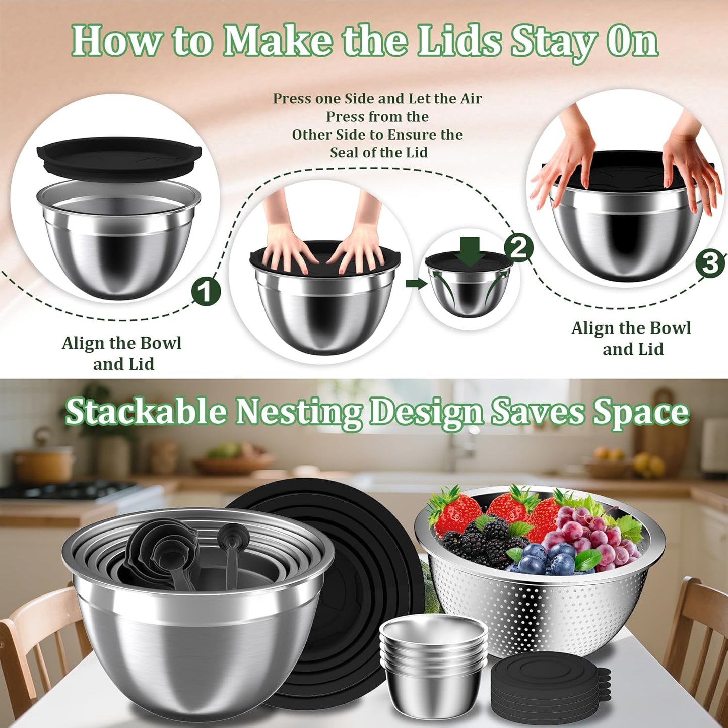 Mixing Bowls with Lids Set, 16PCS Stainless Steel Mixing Bowls,Nesting Storage Bowls for Kitchen with Mixing Bowls Set, Colander, Strainer & Grater , Metal Salad Bowl for Kitchen Gadgets , Cream