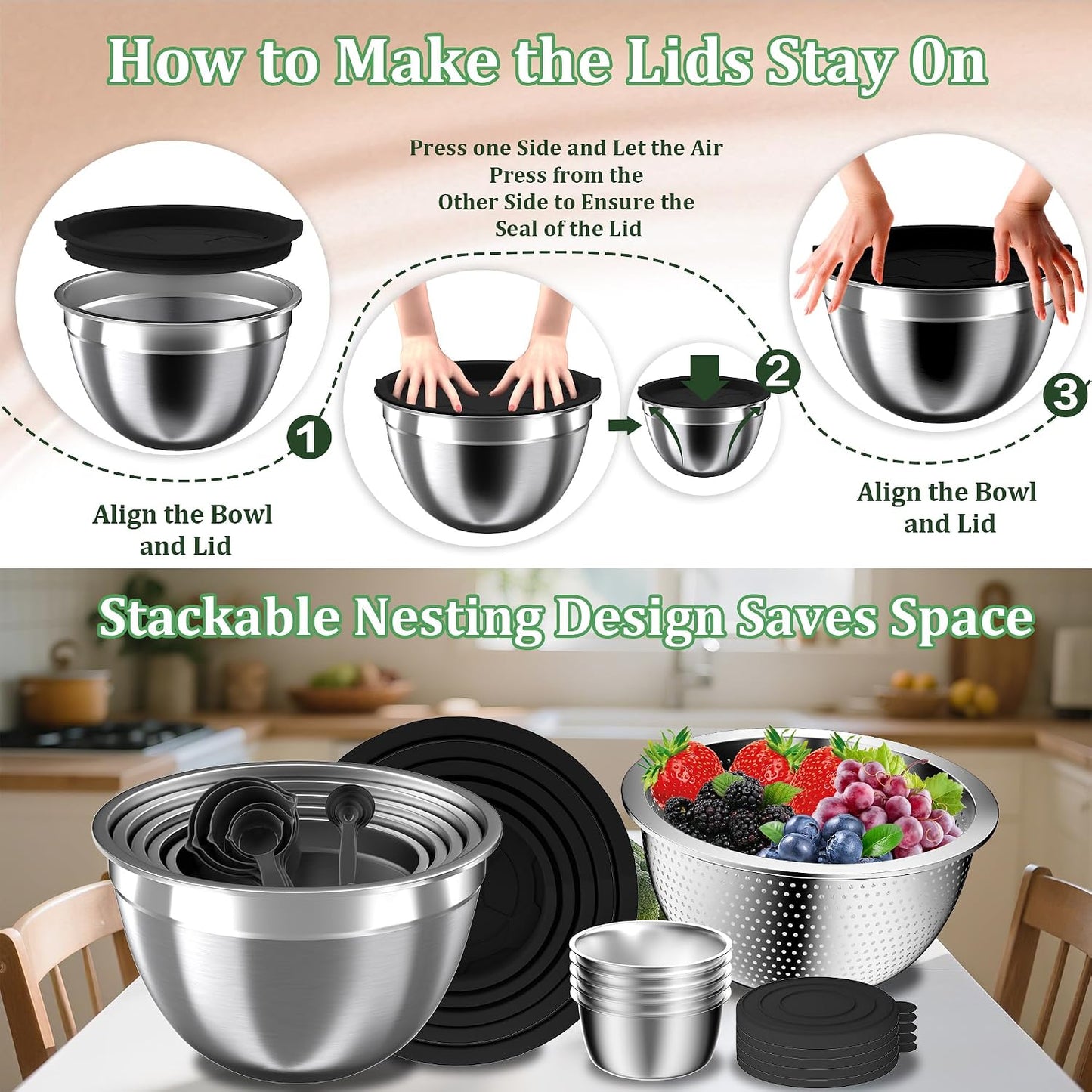 Mixing Bowls with Lids Set, 16PCS Stainless Steel Mixing Bowls,Nesting Storage Bowls for Kitchen with Mixing Bowls Set, Colander, Strainer & Grater , Metal Salad Bowl for Kitchen Gadgets , Cream