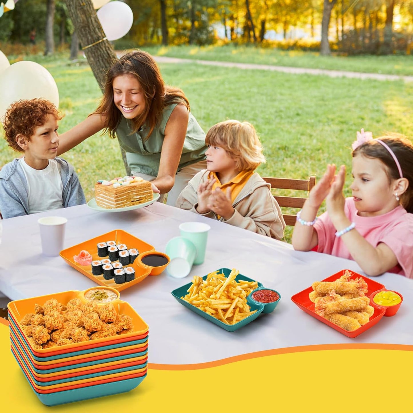 Lawei 12pcs Chip Dip Serving Platter Set, Plastic Dumpling Plates with Sauce Compartment, Square Serving Dish Sushi Plates, Small Dip Tray for Appetizer, Taco Salsa, Fruit, Charcuterie