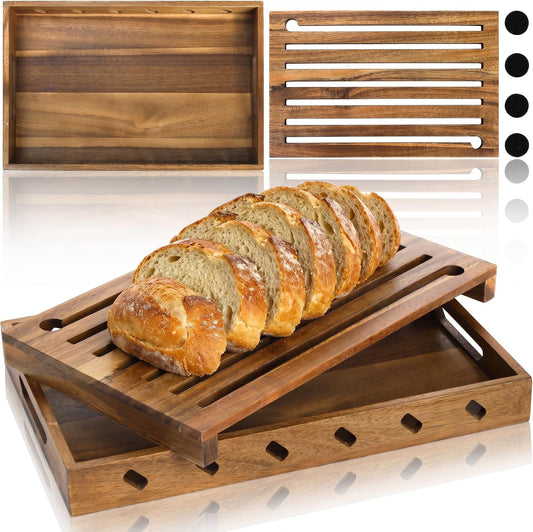 Goaste Wood Bread Cutting Board with Crumb Catcher, 15 Inch Bread Slicer Board with Crumb Holder Tray, Premium Natural Chopping Board for Bagels Sourdough Homemade Loaves, Double as Bread Serving Tray