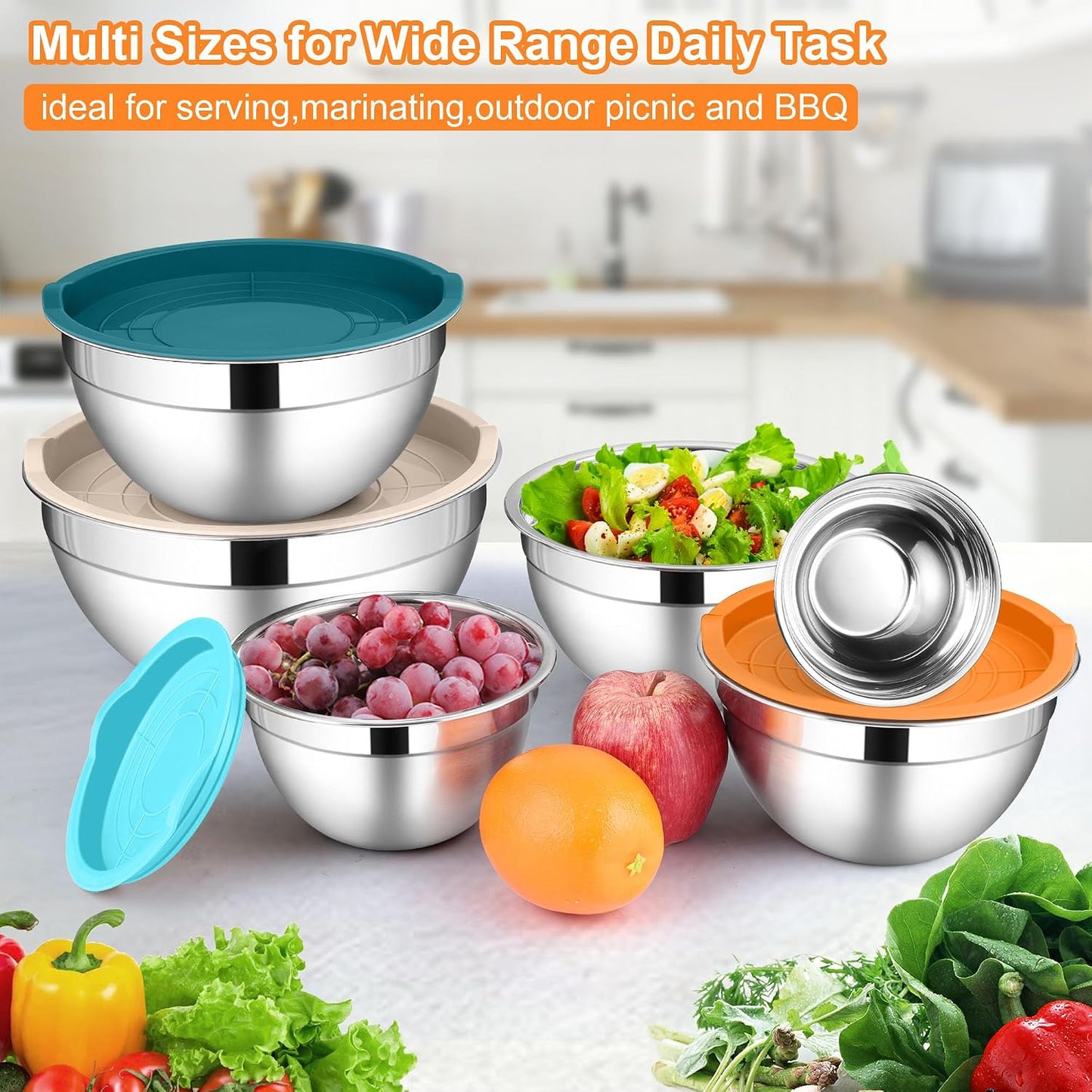 LIANYU Stainless Steel Mixing Bowls Sets of 6, Large 7, 3.5, 2.5, 2, 1.5, 1QT Size with Transparent Airtight Lids, Metal Nesting Serving Bowl Sets for Home Kitchen, Dishwasher & Freezer Safe, Black