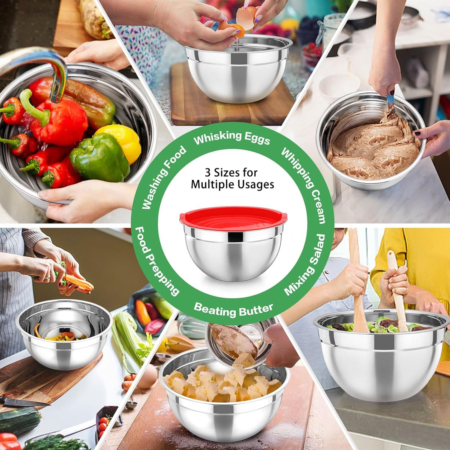P&P CHEF Black Mixing Bowls with Lids, Set of 3, Stainless Steel Salad Nesting Bowl for Mixing, Storing, Prepping, Airtight & Stackable, Size 4.6/3 /1.5 QT