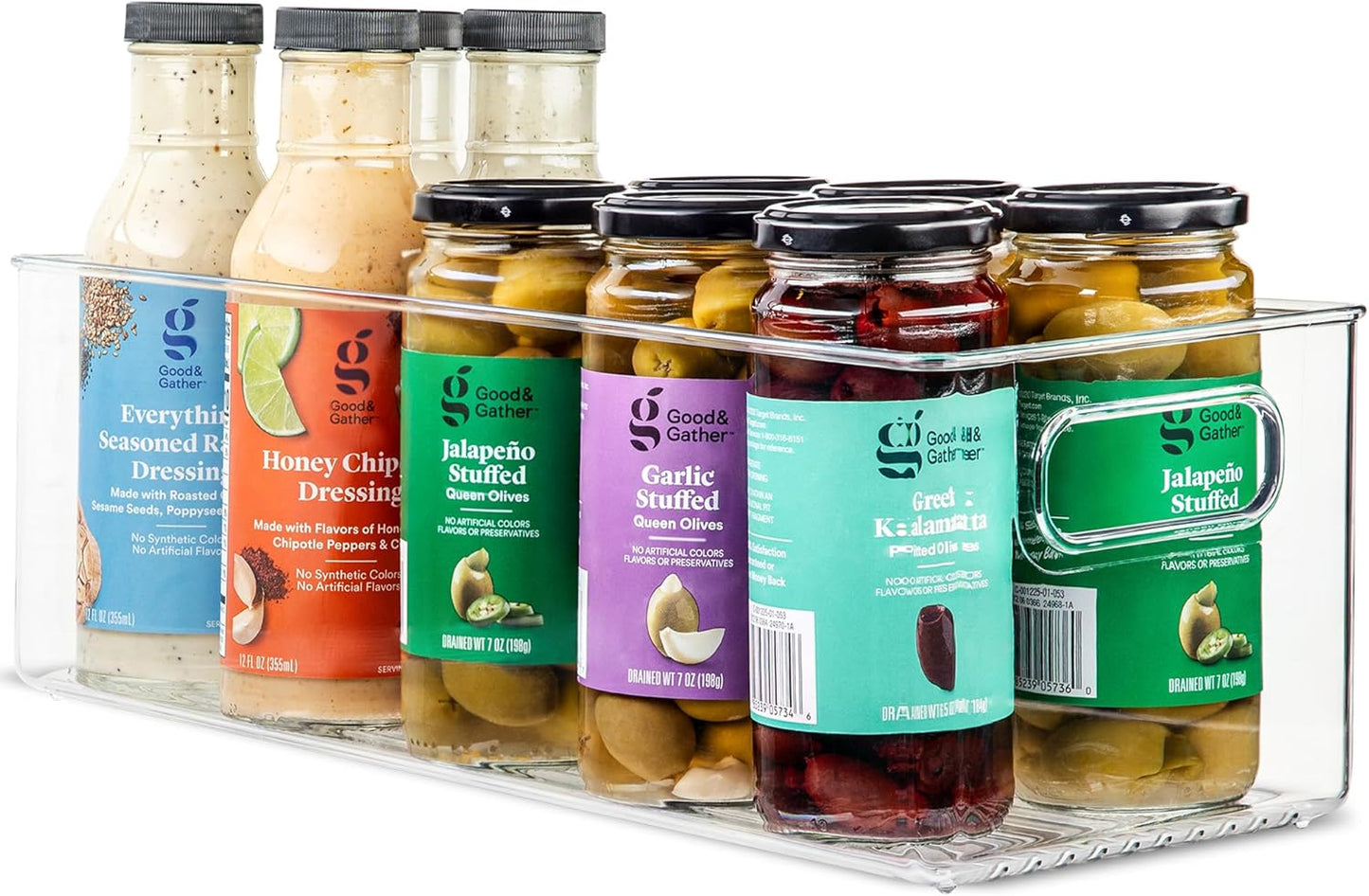 Plastic Food Storage 4 Pack Clear Container Bin with Handles for Organizing Kitchen, Pantry, Refrigerator, Freezer, Pantry, Cabinet, Closet, Bathroom. Stackable 10”x6”x3”