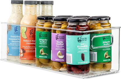 Plastic Food Storage 4 Pack Clear Container Bin with Handles for Organizing Kitchen, Pantry, Refrigerator, Freezer, Pantry, Cabinet, Closet, Bathroom. Stackable 10”x6”x3”