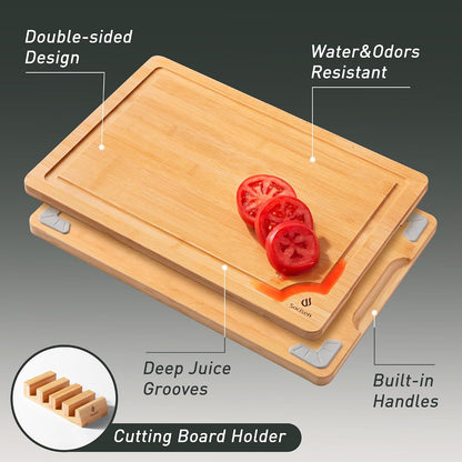 3 Packs Bamboo Cutting Board Set with Non Slip Feet Holder and Over Sink Nice Solid Thick Wood Juice Groove Chopping Board Extra Large Big Small Best Hardwood Kitchen Organic Vegetable Meat BBQ Kit