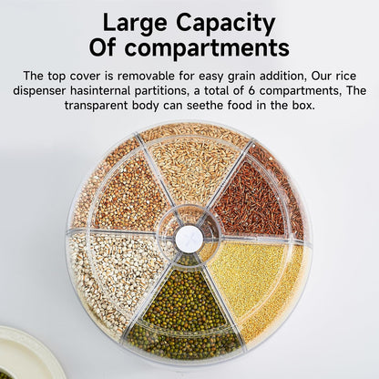 UFORU Rice Dispenser | 360° Rotating Grain Storage Bin - 6 Grids, 20LBS Large Capacity Food Container, Moisture-Proof, One-Click Output for Rice, Beans & Pet Food - Kitchen Pantry Organizer
