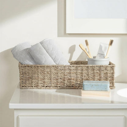 Household Essentials Water Hyacinth Rectangular Storage Basket with Handwoven Fibers and Iron Frame, Natural Finish