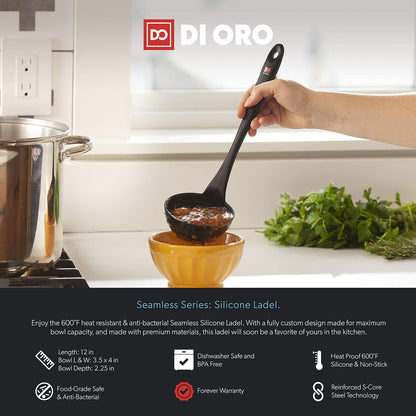 DI ORO Silicone Ladle - Soup & Serving, 600F Heat Resistant, Black