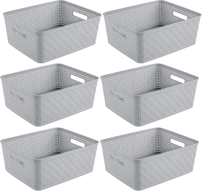 Sterilite 6-Pack Tall Basket, Woven Plastic Storage Baskets for Organization, Cement - Organizing Bin Containers with Handles for Bedroom, Bathroom, Dorm, and Closet