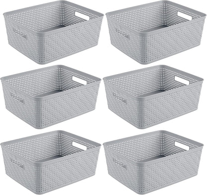 Sterilite 6-Pack Tall Basket, Woven Plastic Storage Baskets for Organization, Cement - Organizing Bin Containers with Handles for Bedroom, Bathroom, Dorm, and Closet