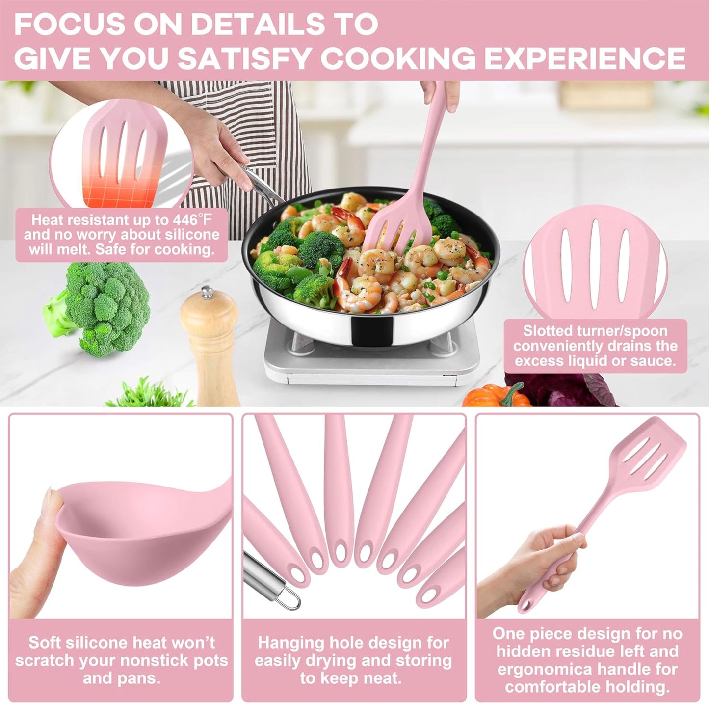 TeamFar Silicone Cooking Utensils Set, 8 PCS Kitchen Utensils Set, 446°F Heat Resistant, Turner, Spatula, Spoon, Whisk, Kitchen Cooking Gadgets Tools for Nonstick Cookware, Dishwasher Safe-Khaki