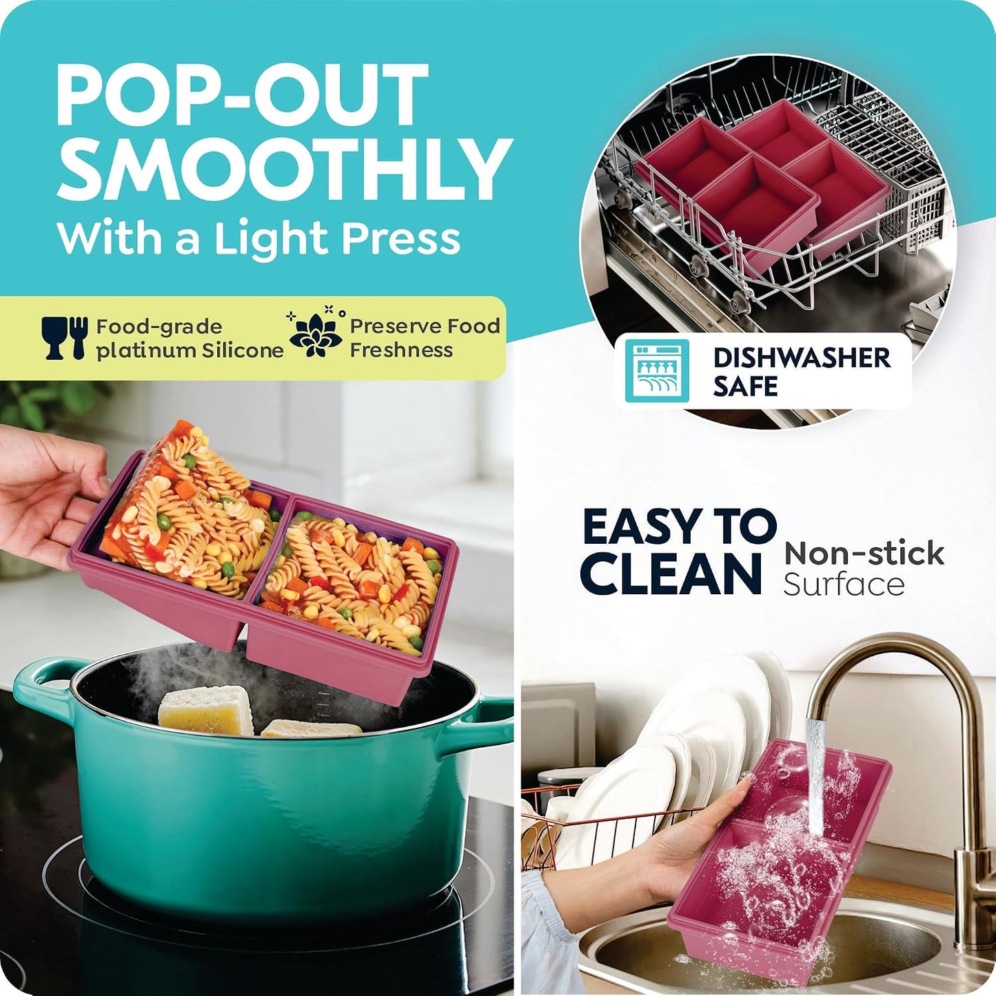 2 cup Silicone Freezer Trays with Lids, Silicone Soup Freezer Molds, Easily prepare portioned meals, Great for storing soups, lasagna, leftovers, sauces and other dishes, Dishwasher, Oven Safe
