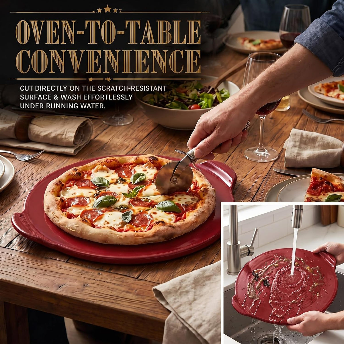 Geetery 14.5 Inch Glazed Ceramic Pizza Stone with Handles, Black
