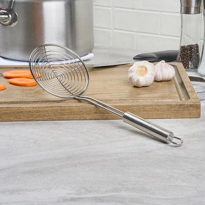 Restaurantware Stainless Steel Spider Skimmer - German Standard Wire Skimmer with Ergonomic Handle, Dishwasher Safe - Wire Strainer Pasta Spoon for Cooking & Frying