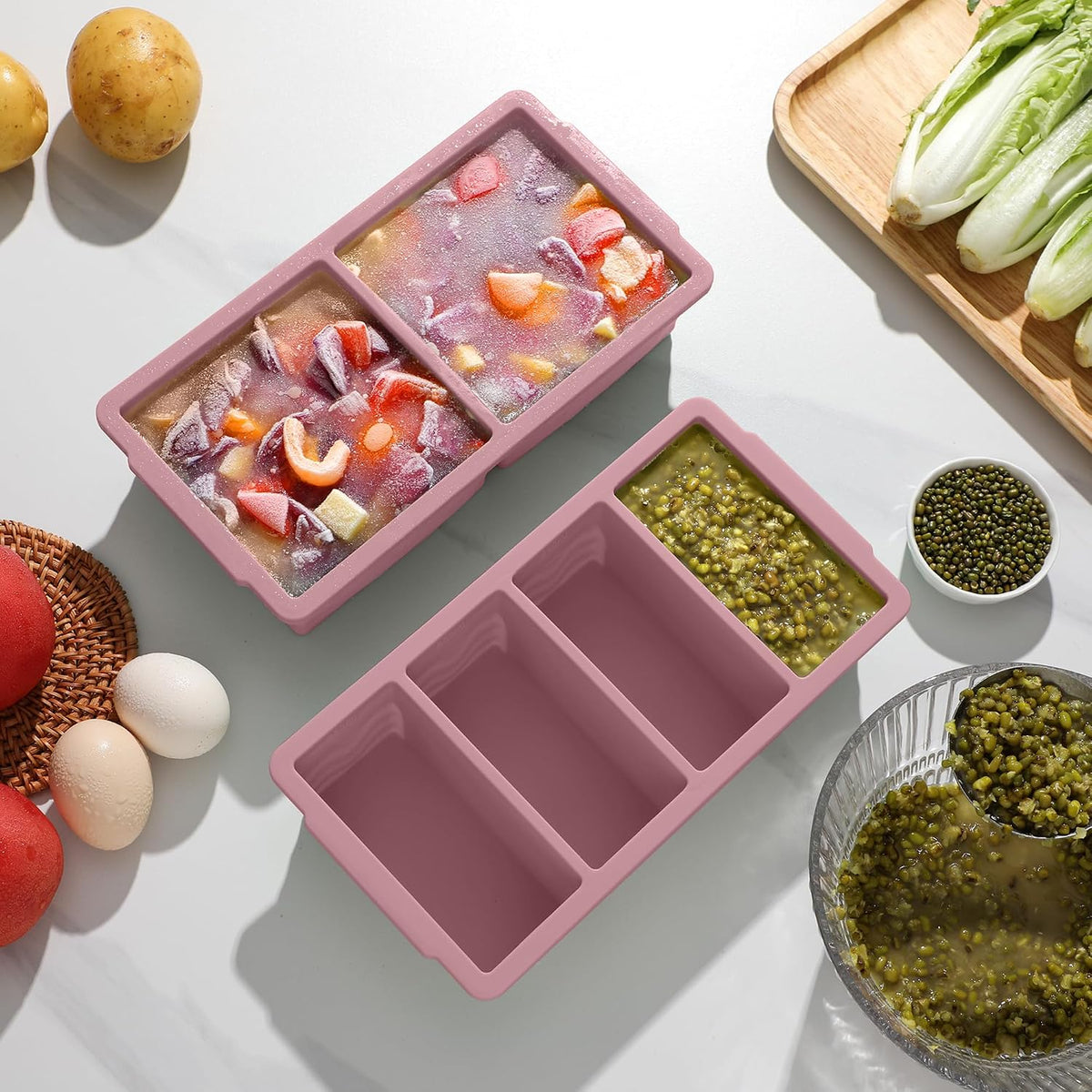 Silicone Freezer Trays with Lid for Soup, 1-Cup & 2-Cup Large Ice Cube Molds Food Storage Containers for Meal Prep, Freeze 500mL/250mL/125mL Portions – 2 Pack