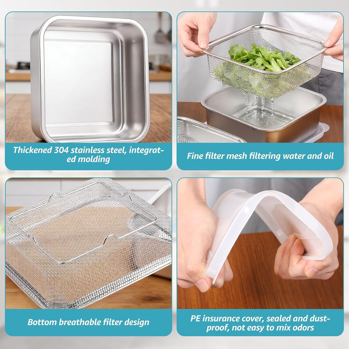 Stainless Steel Colander Set, Square Strainer with Lid for Draining Vegetable Washing Rice, 2 in 1 Strainer Bowl & Food Storage Container Food Preparation Box Bowl (1500ml)