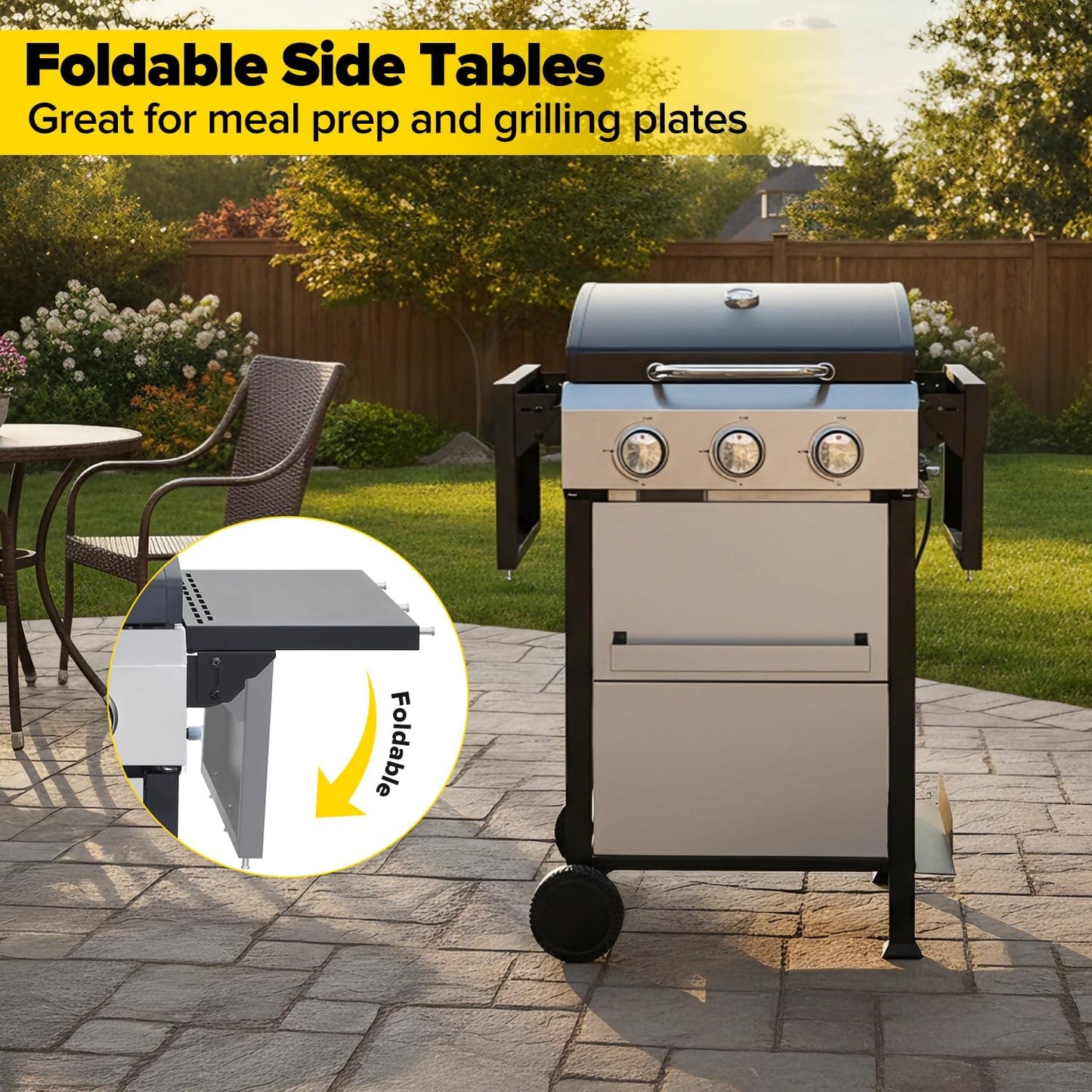 CIG GARDEN 3-Burner Gas Grill & Griddle Combo, 2-in-1 Propane BBQ with Stainless Steel Griddle, Cast Iron Grates & Lid - 30,000 BTU Flat Top for Patio, Backyard, Camping