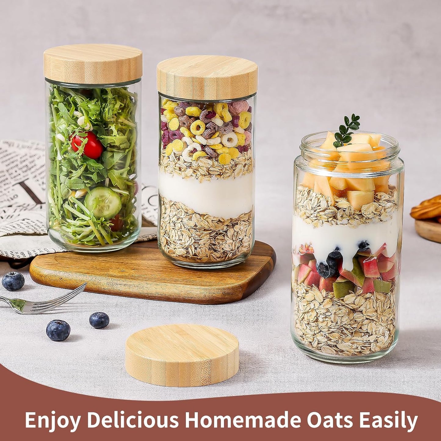DRKIO 10 Oz Overnight Oats Containers with Bamboo Lids - 4 Pack Glass Storage Jars with Airtight Lids Wide Mouth Mason Food Jars Great for Meal Prep Salad Chia Pudding Snacks Yogurt Sugar Spice