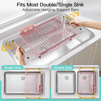 JASIWAY Dish Drying Rack in Sink, Expandable Stainless Steel Dish Drainers for Kitchen Counter, Dish Dryer Rack for Inside Sink, Over The Sink Dish Racks with Utensil Holder, Silver