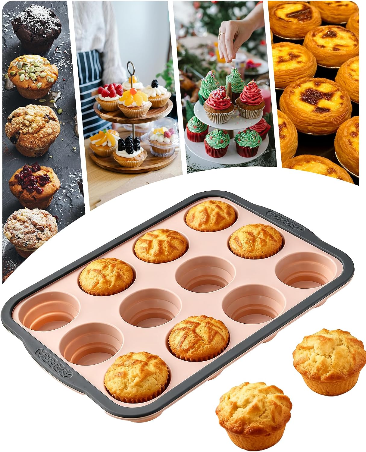 Silicone Muffin Pan for Baking with Metal Frame， Nonstick Cupcake Pan, 6 Cup Baking Pan for Cupcake, Tarts, Egg Bites(6 Cup Pink)