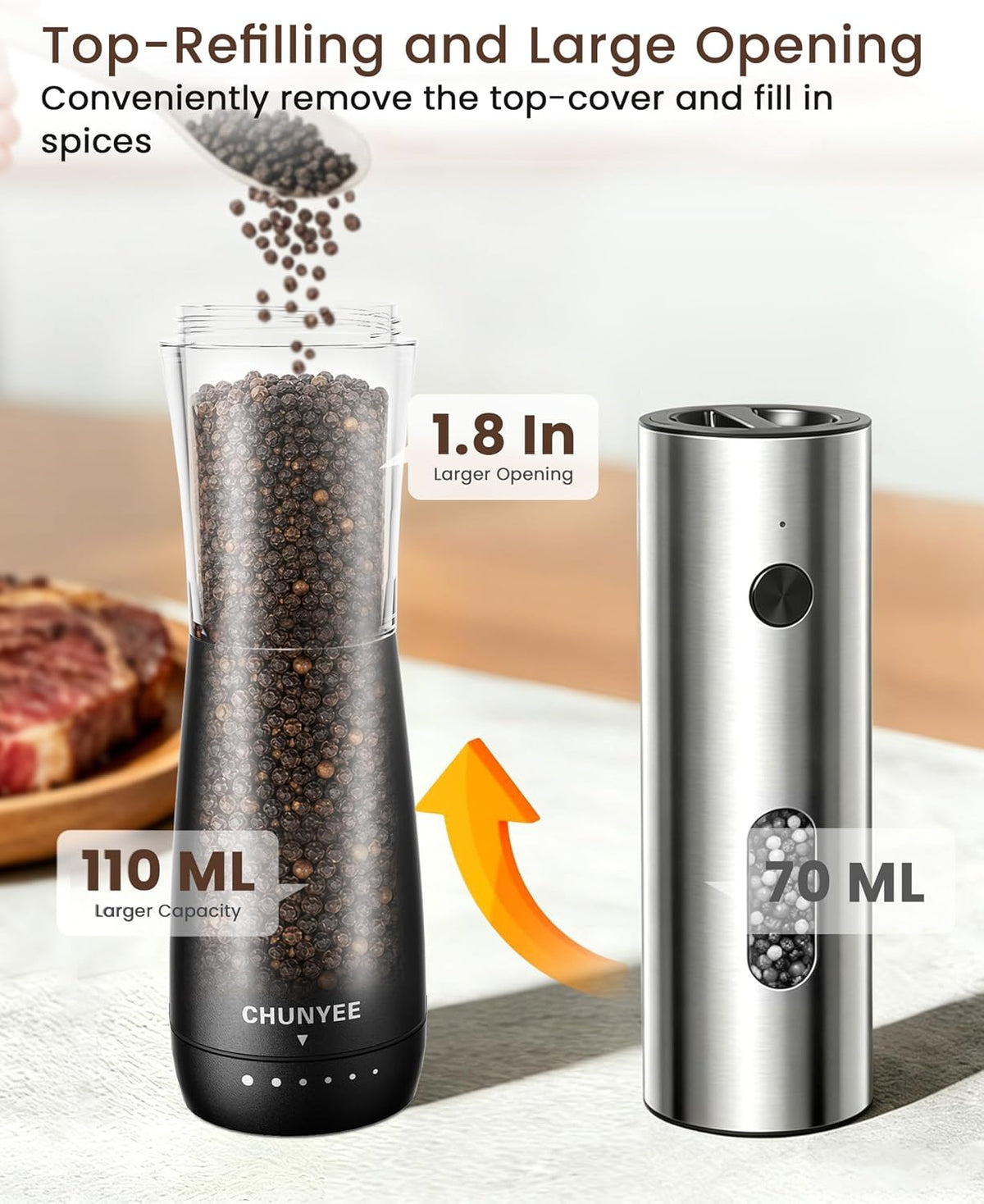 Electric Salt and Pepper Grinder Set - Automatic Stainless Steel Rechargeable Salt and Pepper Grinder Set with Storage Base, Large Capacity, LED Light & Adjustable Coarseness, Ideal Kitchen Gadget