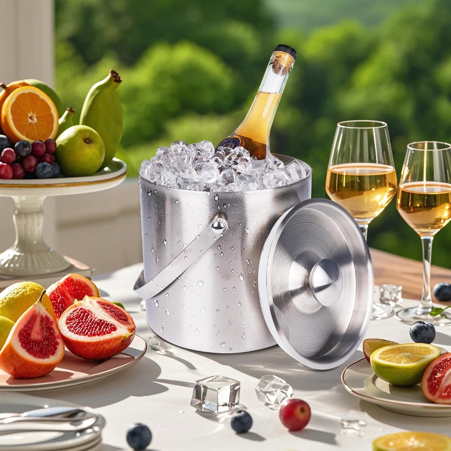 3L beige white Double Wall Insulated Stainless Steel Ice Bucket with scoop for Cocktail Bar,Metal Ice Bucket for freezer with Lid for parties.ice Container to Keep Ice Colder,bar cart accessories