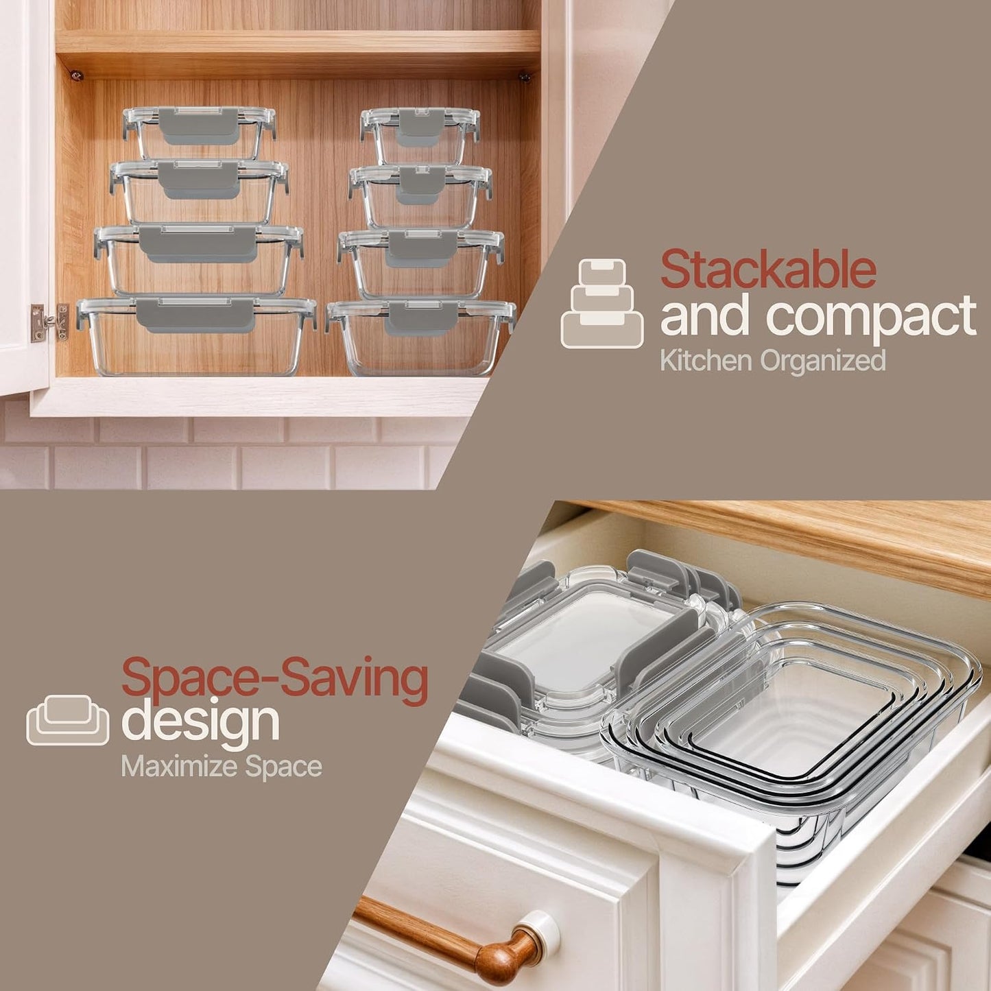 Bakken Borosilicate Glass Food Storage Containers with Lids 16 Pieces, BPA-Free Stackable Lunch & Leftover Containers, Microwave, Freezer & Dishwasher Safe, 100% Airtight Leak-Proof, Gray