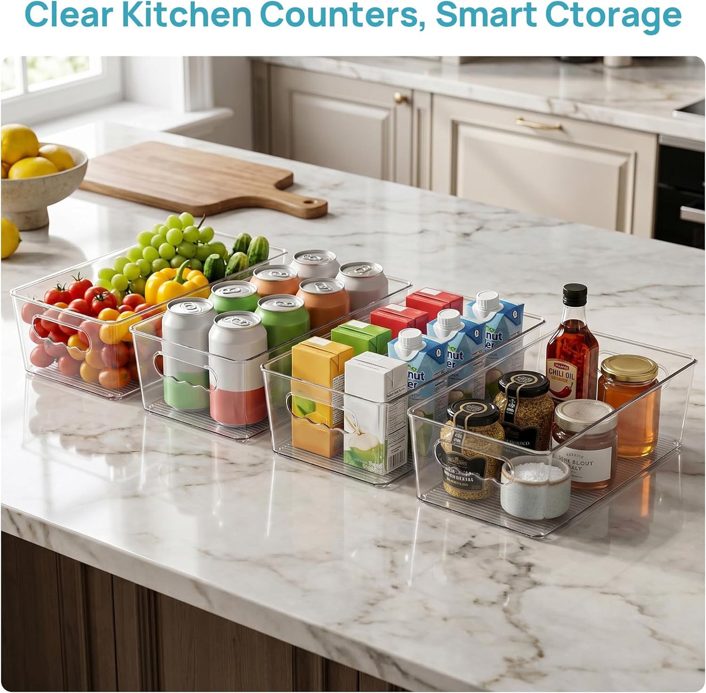 Vtopmart 8pcs Clear Organizers and Storage Bins with Lids, Stackable Plastic Storage Containers with Handles for Fridge, Freezer, Pantry, Cabinet, Kitchen Organization