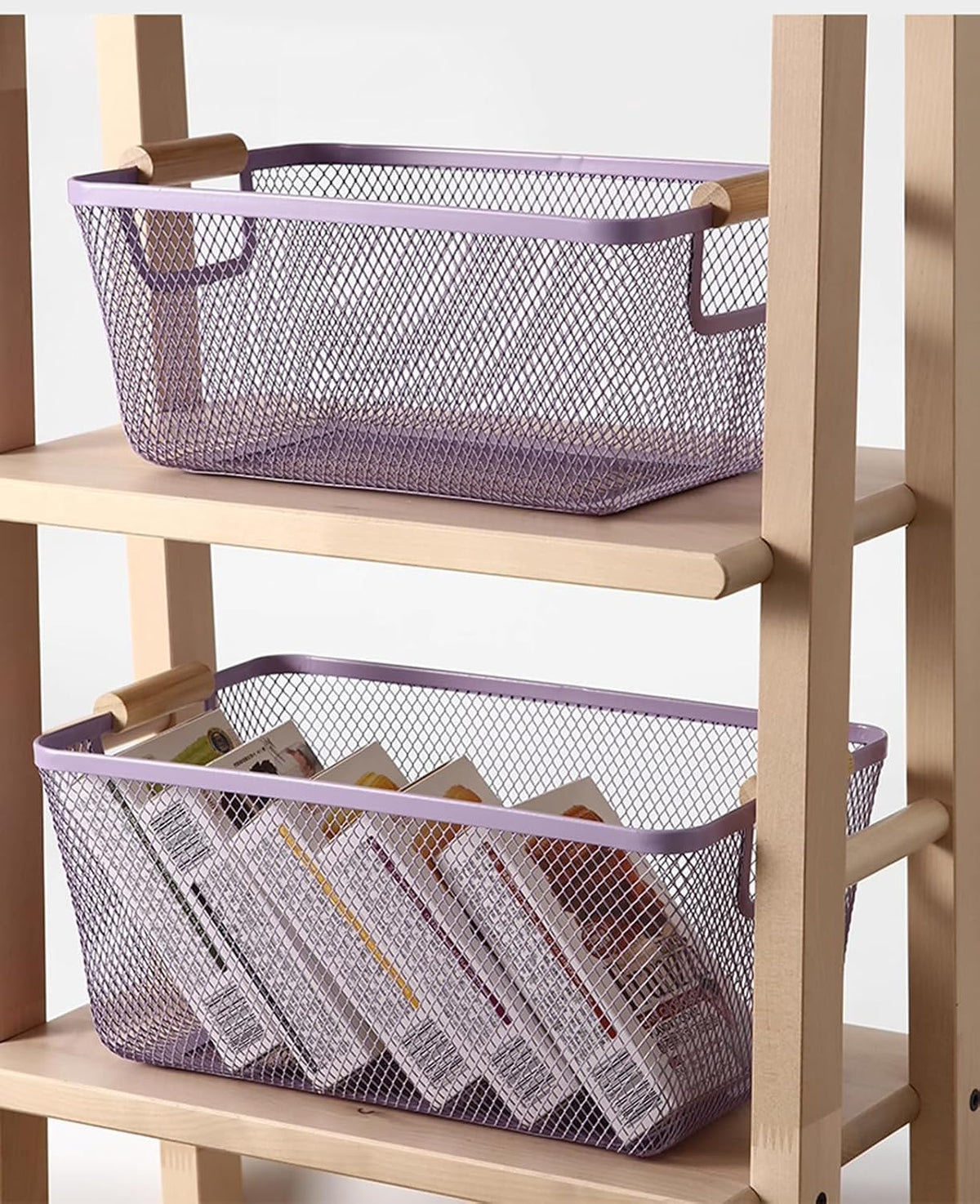 AJIODA Metal Mesh Steel Basket, Large Wire Storage Organizer Basket Multi-function Hanging Kitchen Baskets with Wood Handle for Kitchen Bathroom Picnic Home, Rectangle-Off White