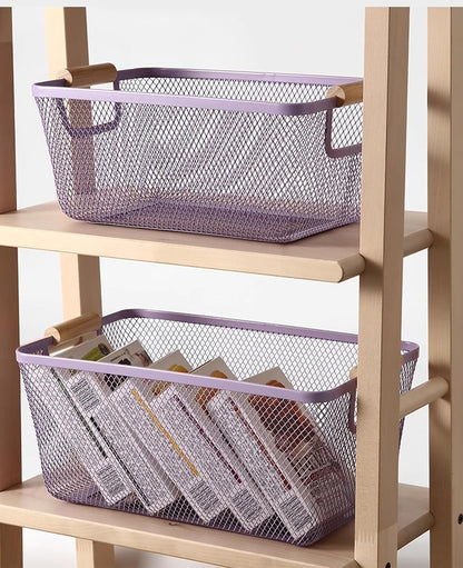 AJIODA Metal Mesh Steel Basket, Large Wire Storage Organizer Basket Multi-function Hanging Kitchen Baskets with Wood Handle for Kitchen Bathroom Picnic Home, Rectangle-Off White