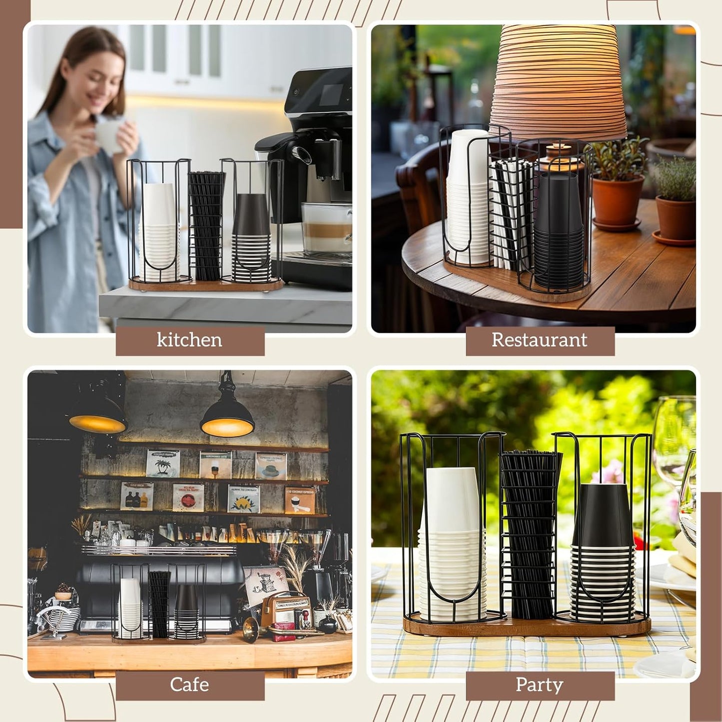 Geelin 18oz Adjustable Coffee Cup Dispenser with Wooden Base, Cup and Lid Holder, Cups Holder Organizer for Coffee Pod Straw and Lid Storage(2-compartment Single,Color 2)