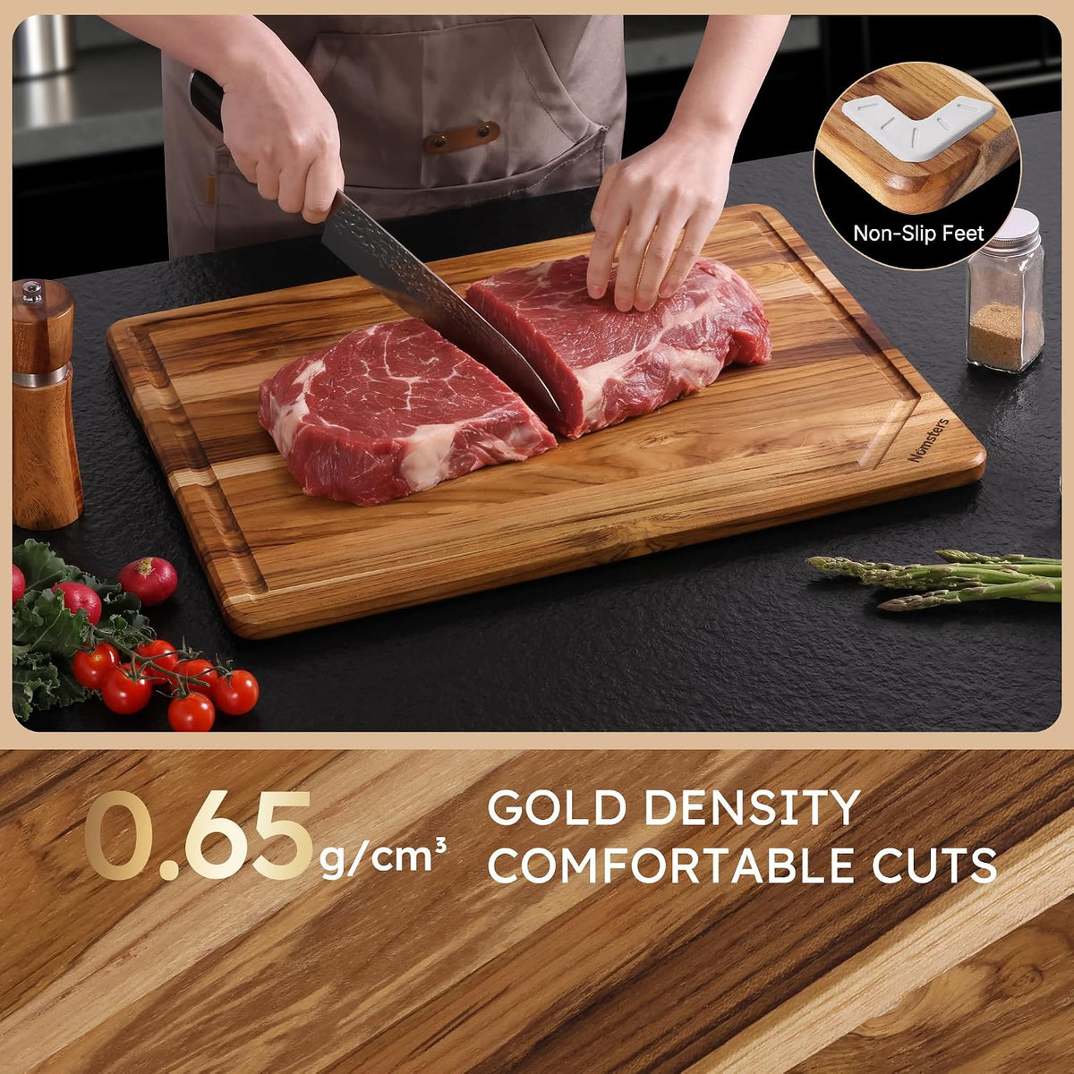 3 Pack Teak Wood Cutting Board Set with Holder Non Slip Over Sink Wooden Chopping Board for Fresh Meat Vegetable Thick Haus Perfect for Charcuterie Juice Groove Kitchen Accessories - FSC Certified