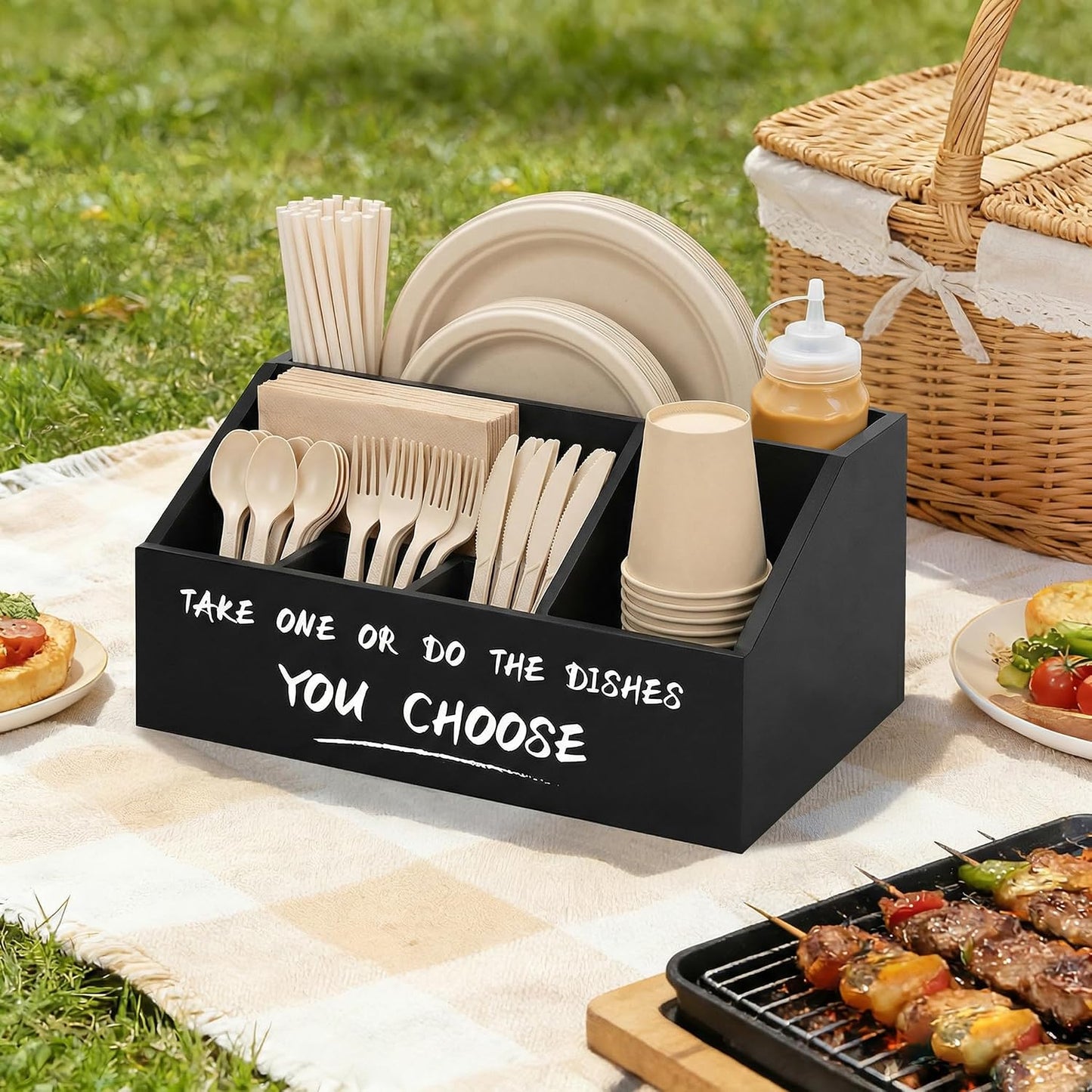 Ameuphercy Wood Paper Plate Holders for Kitchen Counter,Paper Plate Dispenser for Countertop, Rustic Silverware Utensil Caddy for Party,Wooden Plate Organizer Box for Cups Spoons and Forks