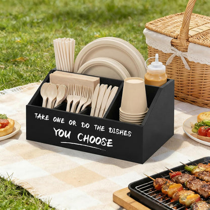 Ameuphercy Wood Paper Plate Holders for Kitchen Counter,Paper Plate Dispenser for Countertop, Rustic Silverware Utensil Caddy for Party,Wooden Plate Organizer Box for Cups Spoons and Forks