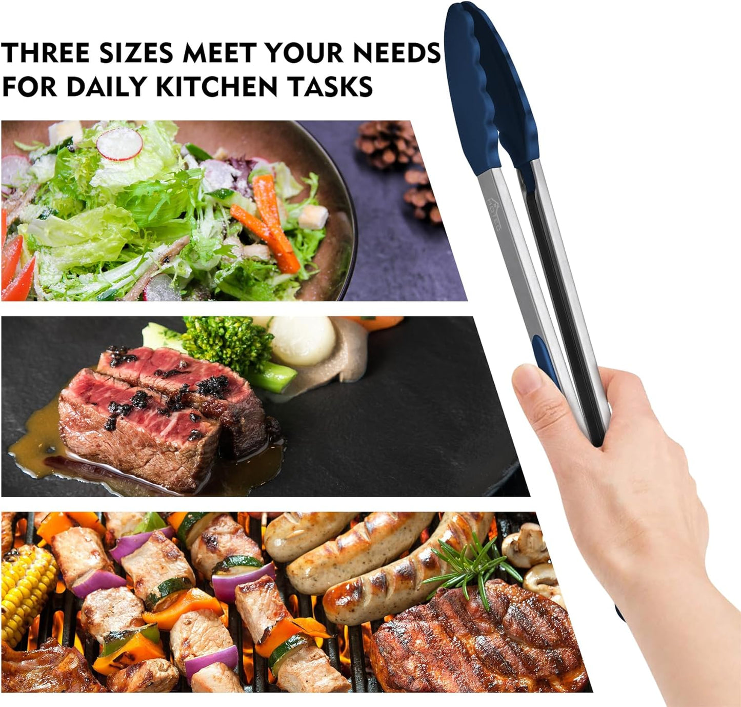 HOTEC Premium Stainless Steel Locking Kitchen Tongs with Silicon Tips, Set of 2-9" and 12"