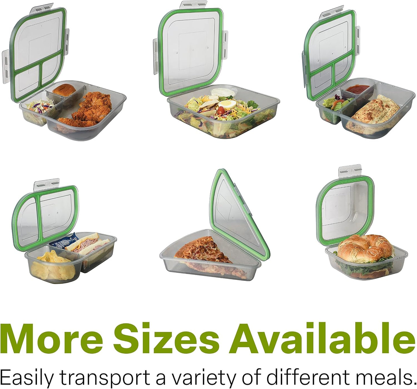 MyGo Container Large To-Go 3-Compartment Food Containers, Pack Of 3, 9-3/8" X 9-3/8" X 2-1/2", Reusable, Microwave Safe, NSF Certified, Smoke/Green