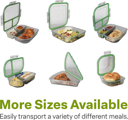 MyGo Container Large To-Go 3-Compartment Food Containers, Pack Of 3, 9-3/8" X 9-3/8" X 2-1/2", Reusable, Microwave Safe, NSF Certified, Smoke/Green