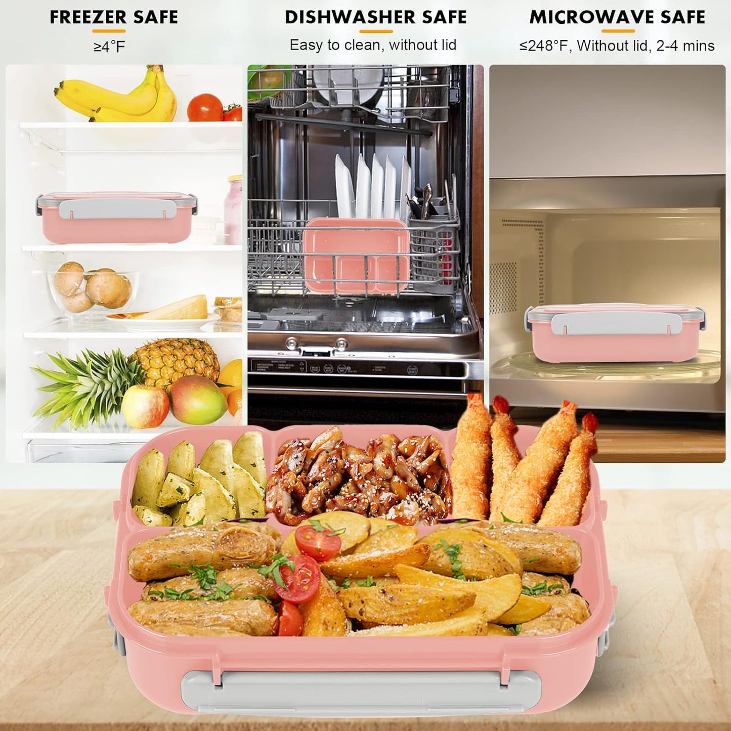 Yumuk Bento Box Adult, Lunch Box Containers for Adults Men Women, 5 Cup Bento with 4 Compartments &Spork &Sauce Box, Leak-Proof, Microwave/Dishwasher Safe(Beige)