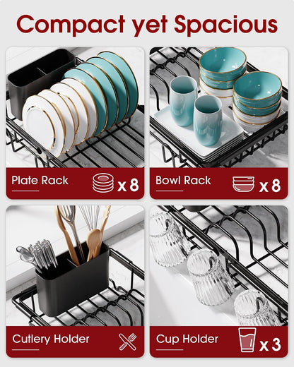 Sakugi Dish Drying Rack in Sink - Expandable Stainless Steel Dish Rack Over the Sink, Kitchen Sink Drain Strainer with Cutlery Holder & Cup Holders, 15.4 x 9.8 x 3.0 Inch, Black