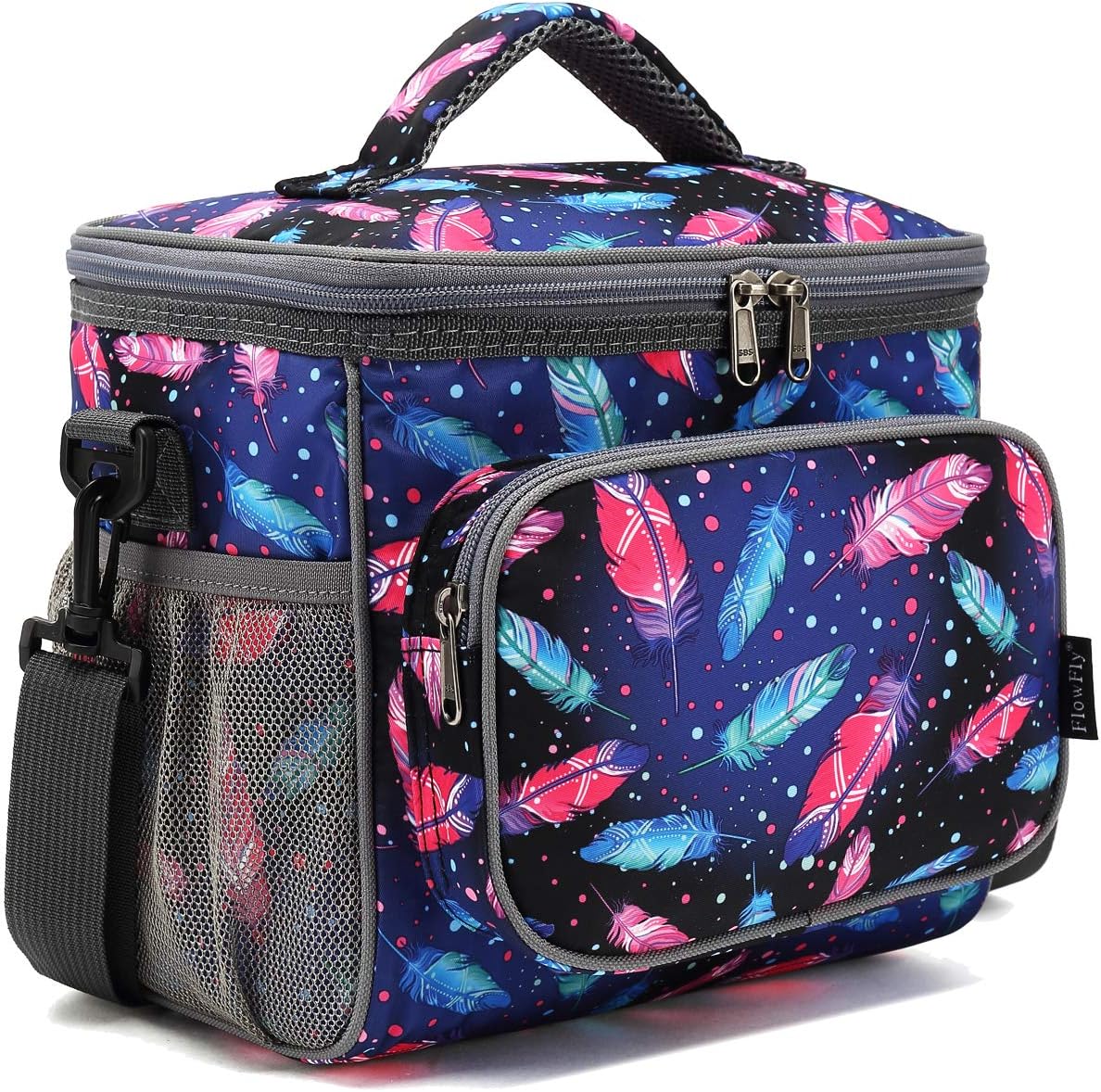 FlowFly Insulated Reusable Lunch Bag Adult Large Lunch Box for Women and Men with Adjustable Shoulder Strap,Front Zipper Pocket and Dual Large Mesh Side Pockets,Cherry - Colors B
