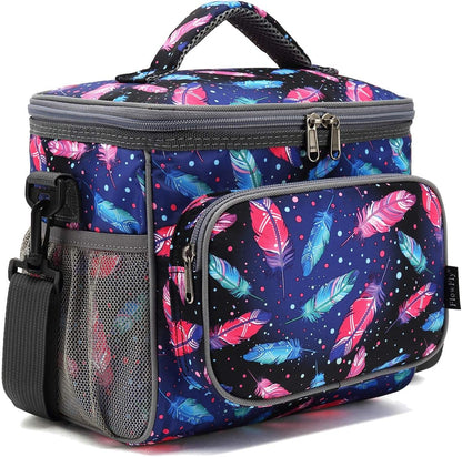 FlowFly Insulated Reusable Lunch Bag Adult Large Lunch Box for Women and Men with Adjustable Shoulder Strap,Front Zipper Pocket and Dual Large Mesh Side Pockets,Cherry - Colors B