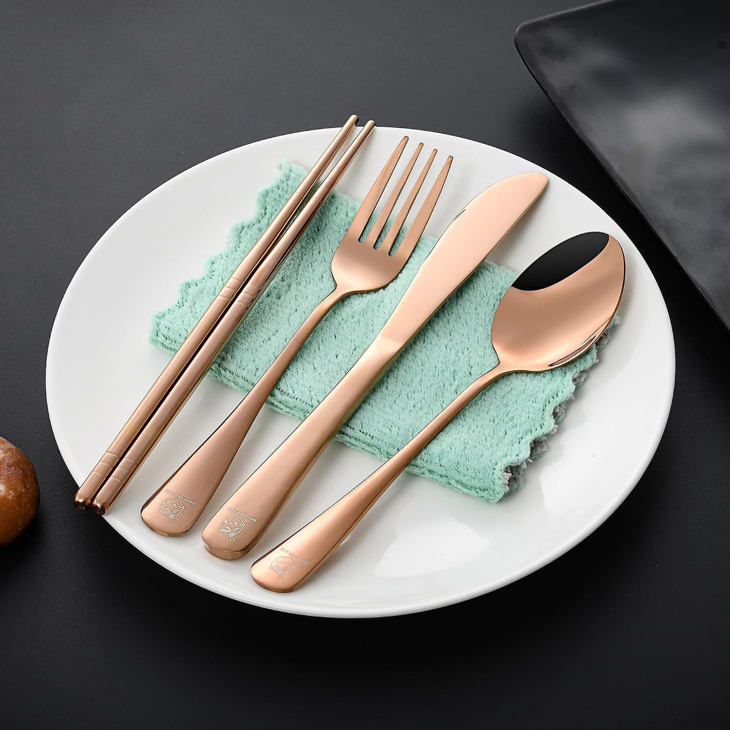 Boulder Bee | Travel Utensils Set | Reusable Camping Cutlery Set | Stainless Steel Flatware Set | Portable Silverware Set with Case | Includes Knife/Fork/Spoon/Straw/Cleaning Cloth/Case (Purple)