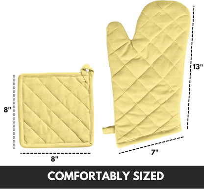 Oven Mitt (7"x13") & Pot Holder (8"x8") 100% Cotton Set of Heat Resistant Oven Gloves & Hot Pads for Gifts, BBQ, Cooking, Baking, Thanksgiving - Mustard Yellow