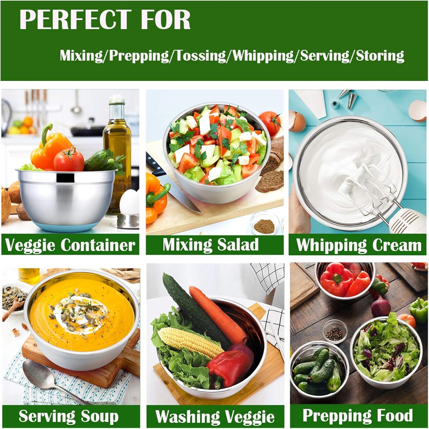P&P CHEF Mixing Bowls with Lids Set of 5, Stainless Steel Nesting Salad Bowl with Lid & Base for Non-slip Mixing Prepping Storing Serving, 5 Sizes-7/3.5/2.5/1.5/1 QT, Khaki