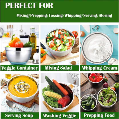 P&P CHEF Mixing Bowls with Lids Set of 5, Stainless Steel Nesting Salad Bowl with Lid & Base for Non-slip Mixing Prepping Storing Serving, 5 Sizes-7/3.5/2.5/1.5/1 QT, Khaki