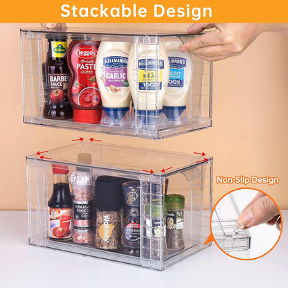 4Pack Large Stackable Kitchen Storage Drawers, Clear Foods Organizer Bins with Handles, Easily Assemble for Bathroom, Kitchen, Pantry, Cabinet, Closet(XL-UP Handle)