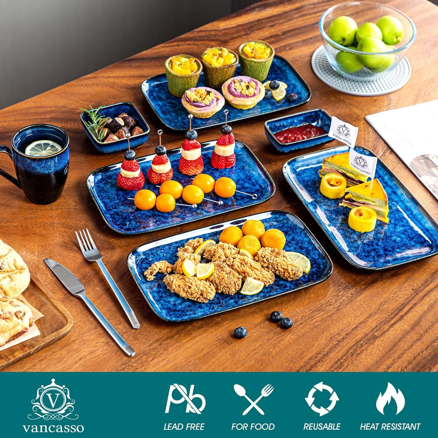 vancasso Stern Serving Platters Set of 3, 15/13/ 11 Inches Rectangular Serving Plates, Blue Serving Trays for Entertaining, Party