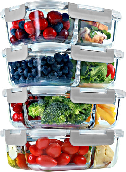 FIT Strong & Healthy 2 and 3 Compartment Glass Meal Prep Containers – Glass Bento Box for Adults, Portion Control, Food Storage, Lunch Container, Oven & Freezer Safe, Leak-Proof, 32 oz, Gray, 4 Pack